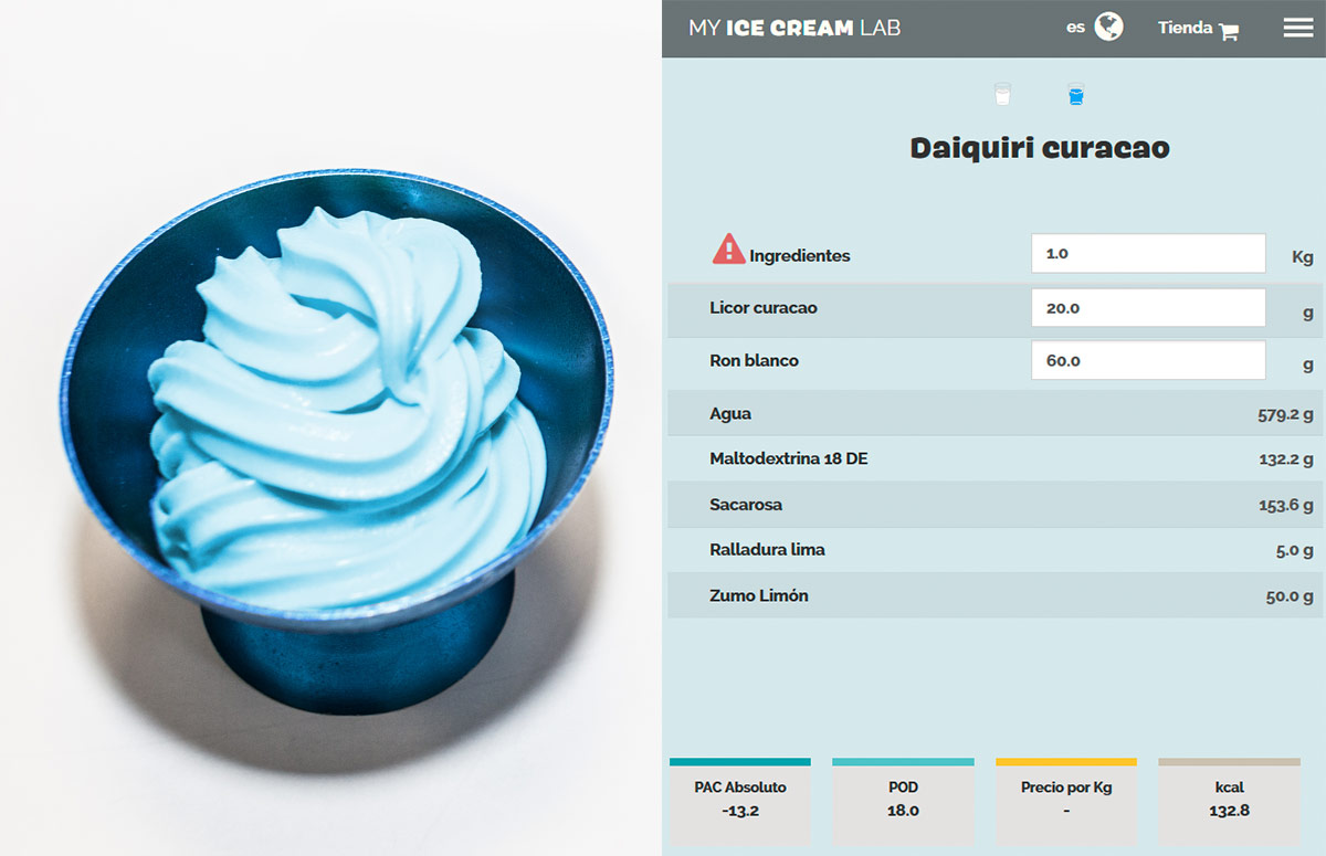 Receta de helado de daiquiri de curaçao elaborada con MyIceCreamLab
