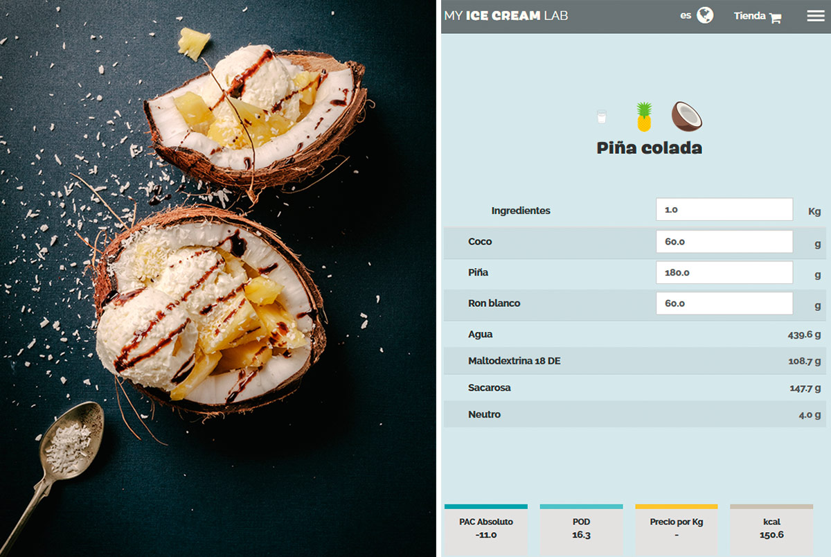 receta de helado de piña colada elaborada con MyIceCreamLab